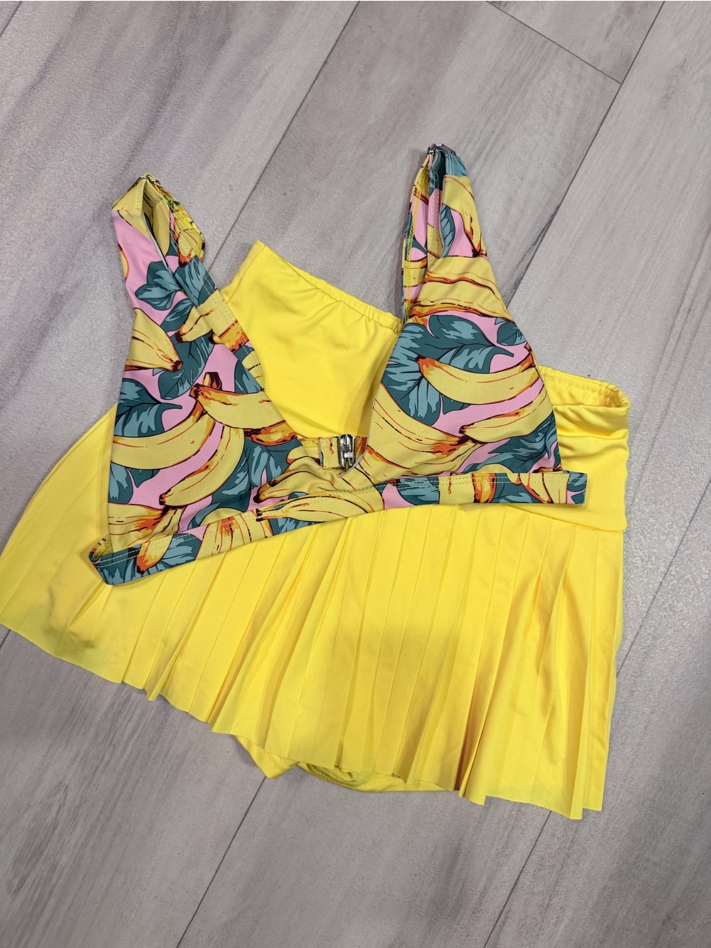 YellowBikini Top with Tropical Banana Print and cute yellow skort!!